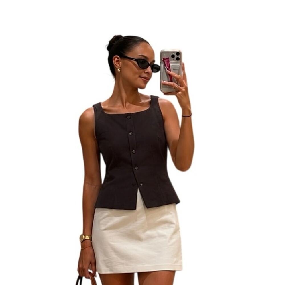 H&M Womens Brown Button Front Vest Sleeveless Career Office Top Size M EU42 - Picture 1 of 6